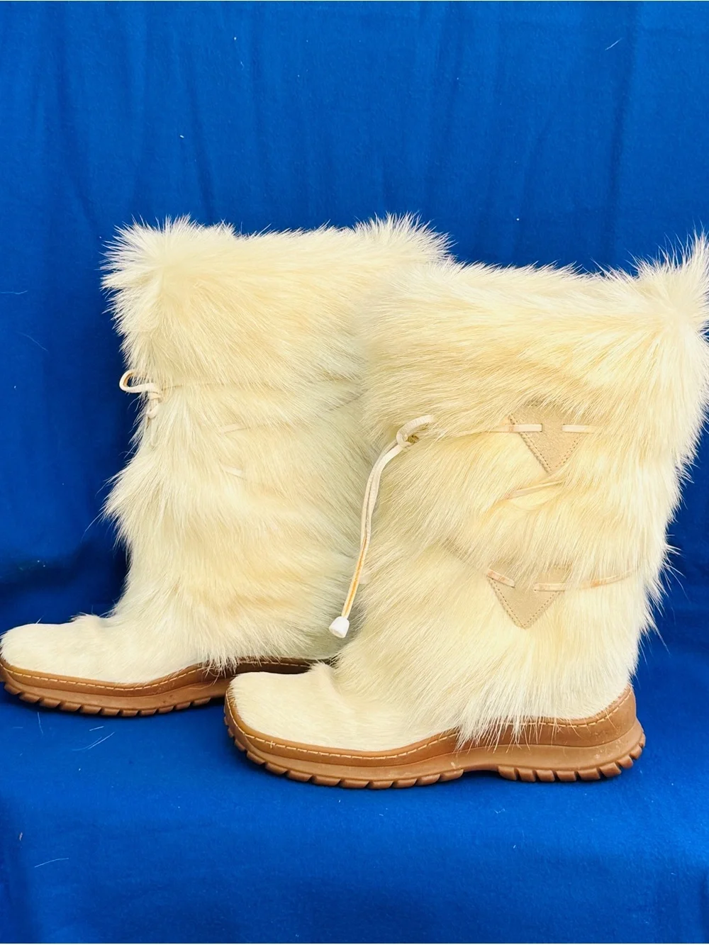 Faux Fur Cream Knee-High Winter Boots with Drawstring